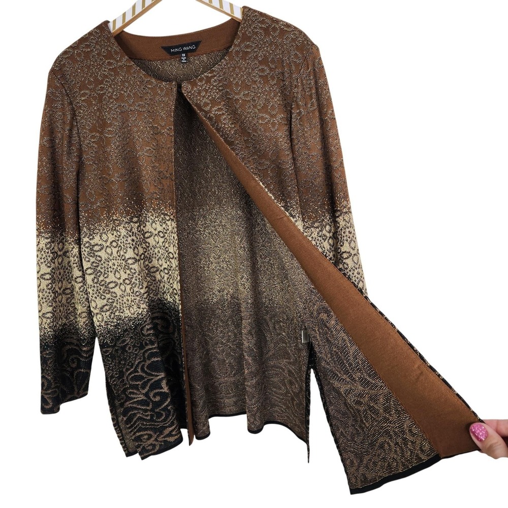 MING WANG Sweater Womens 1X Brown Floral Ombre Knit‎ Open Front Long Cardigan